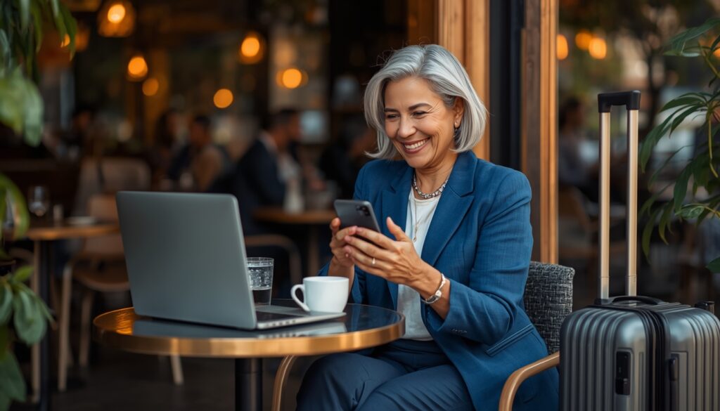 Mulher madura e elegante, com mala de viagem, usando smartphone em um café, representando a autonomia e a liberdade das avós independentes.