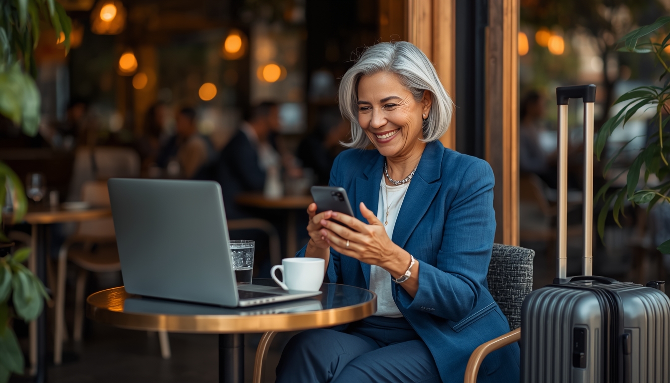 Mulher madura e elegante, com mala de viagem, usando smartphone em um café, representando a autonomia e a liberdade das avós independentes.