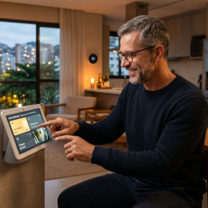 Homem 50+ usando tecnologia para inclusão digital e autonomia