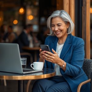 Mulher madura e elegante, com mala de viagem, usando smartphone em um café, representando a autonomia e a liberdade das avós independentes.
